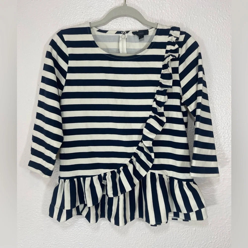 J. Crew Asymmetrical Navy and White Ruffle Striped Peplum Top Women’s Small